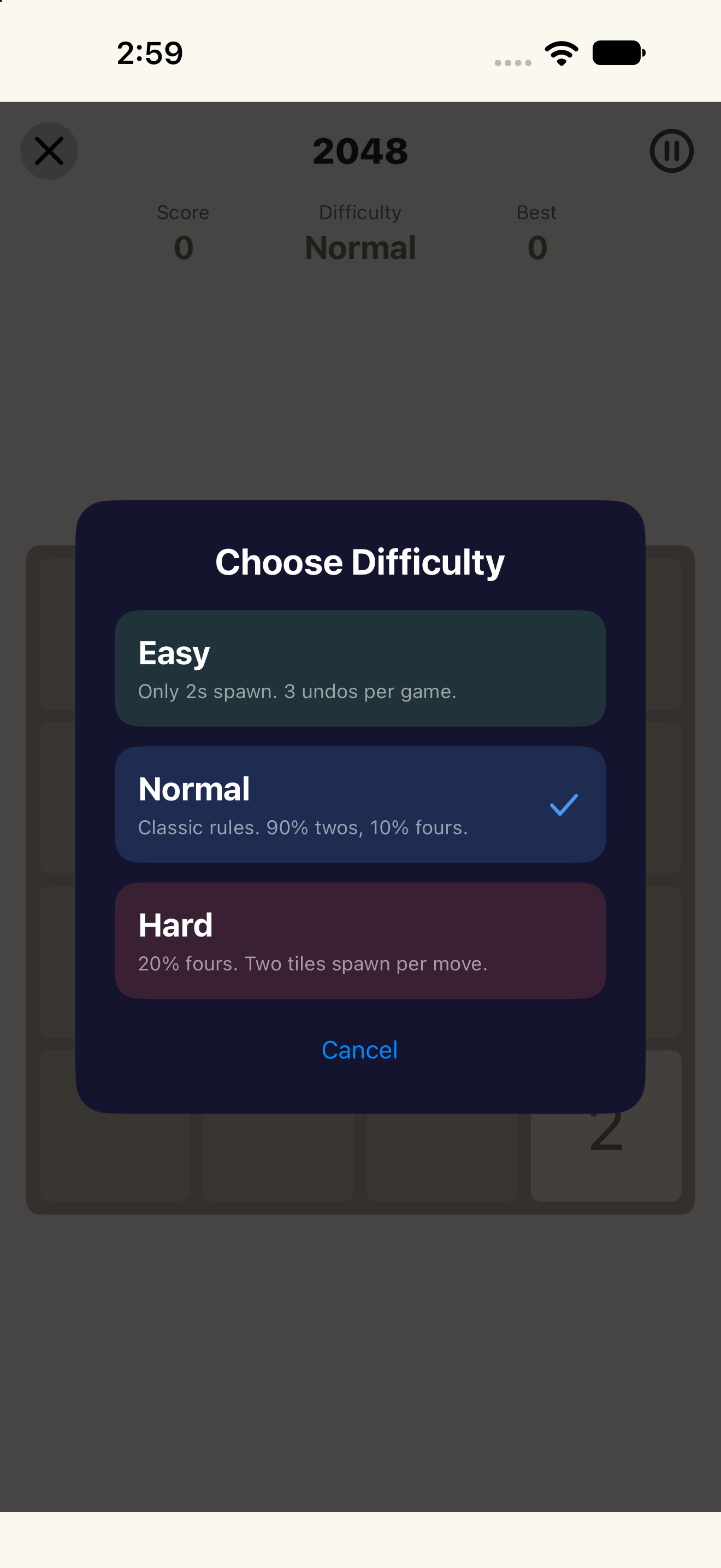 2048 difficulty — iOS (UIKit) · iPhone